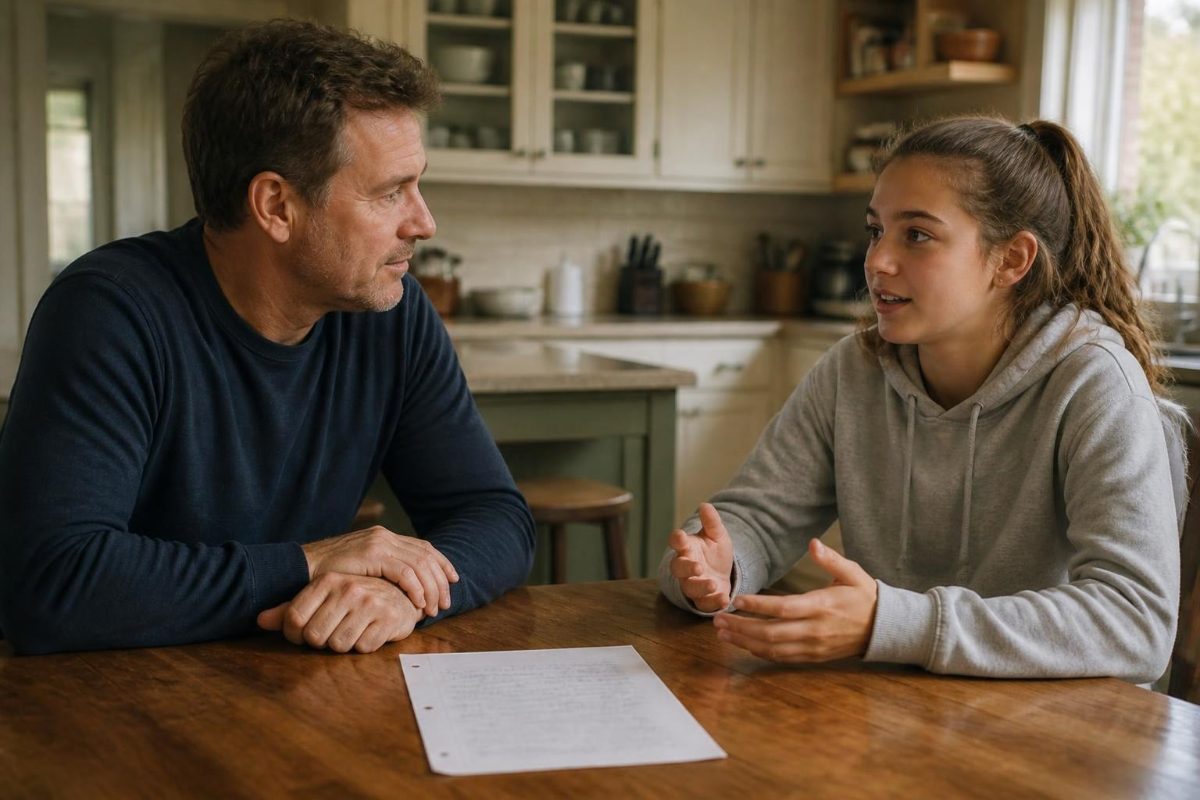 Padre e hija adolescente acordando normas de convivencia en la mesa de la cocina